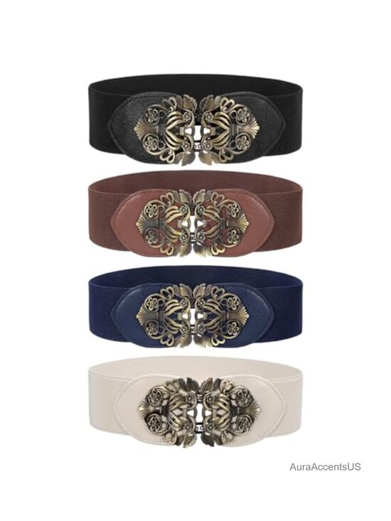 4 Pack Vintage Wide Waist Belts for Dresses, Elastic Cinch Belt with Retro